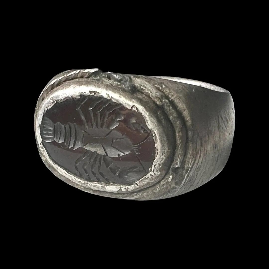 Ancient Roman Silver Ring with Lobster Intaglio - 2nd to 3rd Century CE | Rare Garnet Depiction