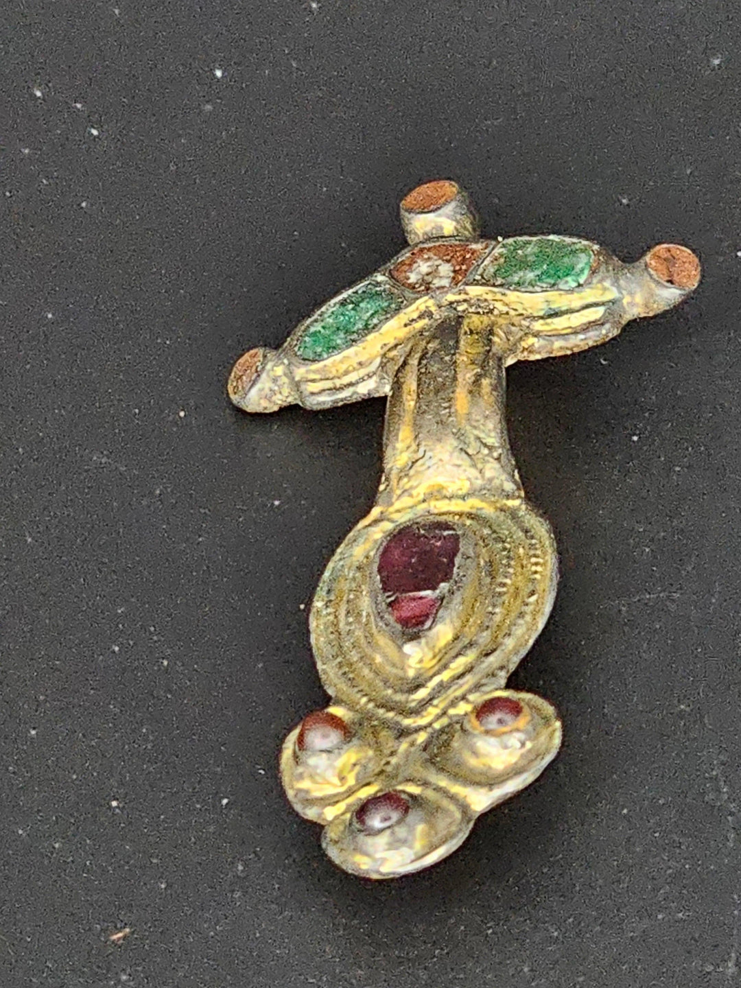 Merovingian Gilded Silver Bow Brooch with Garnet - 7th to 8th Century CE | Rare Medieval Cross Form